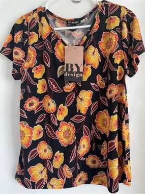 BYdesign Black V-Neck Short Sleeve Blouse with Yellow Floral Print